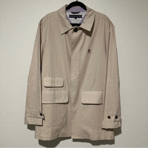 TOMMY HILFIGER Vintage 100% Cotton Business Man Trench Coat RARE Cream Tan Sz. L - Picture 2 of 11